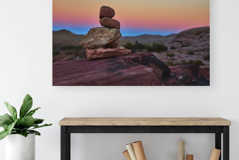 Red Rock Canyon Cairn at Golden Hour with Guardian Angel Rock St by Nicholas J Klein