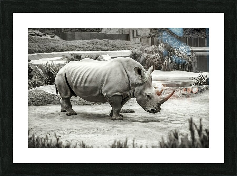 A rhinoceros in what appears to be a zoo or wildl Picture Frame print