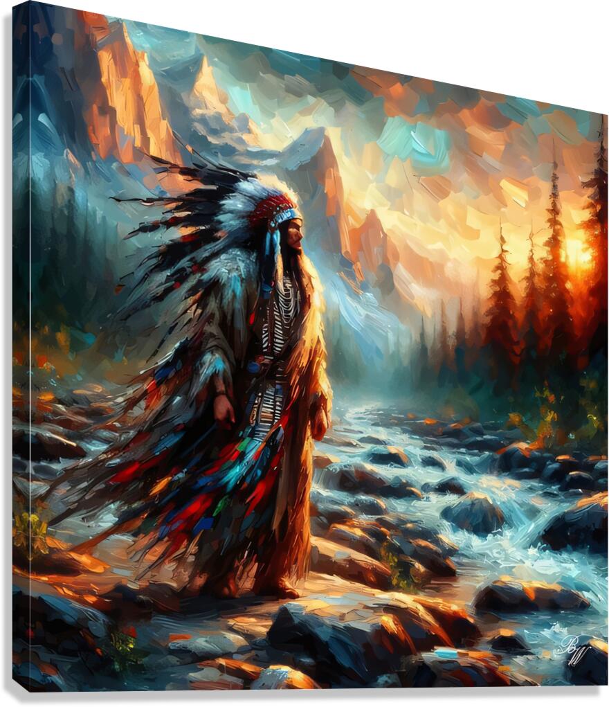 Native American Warrior by Stream Canvas Print