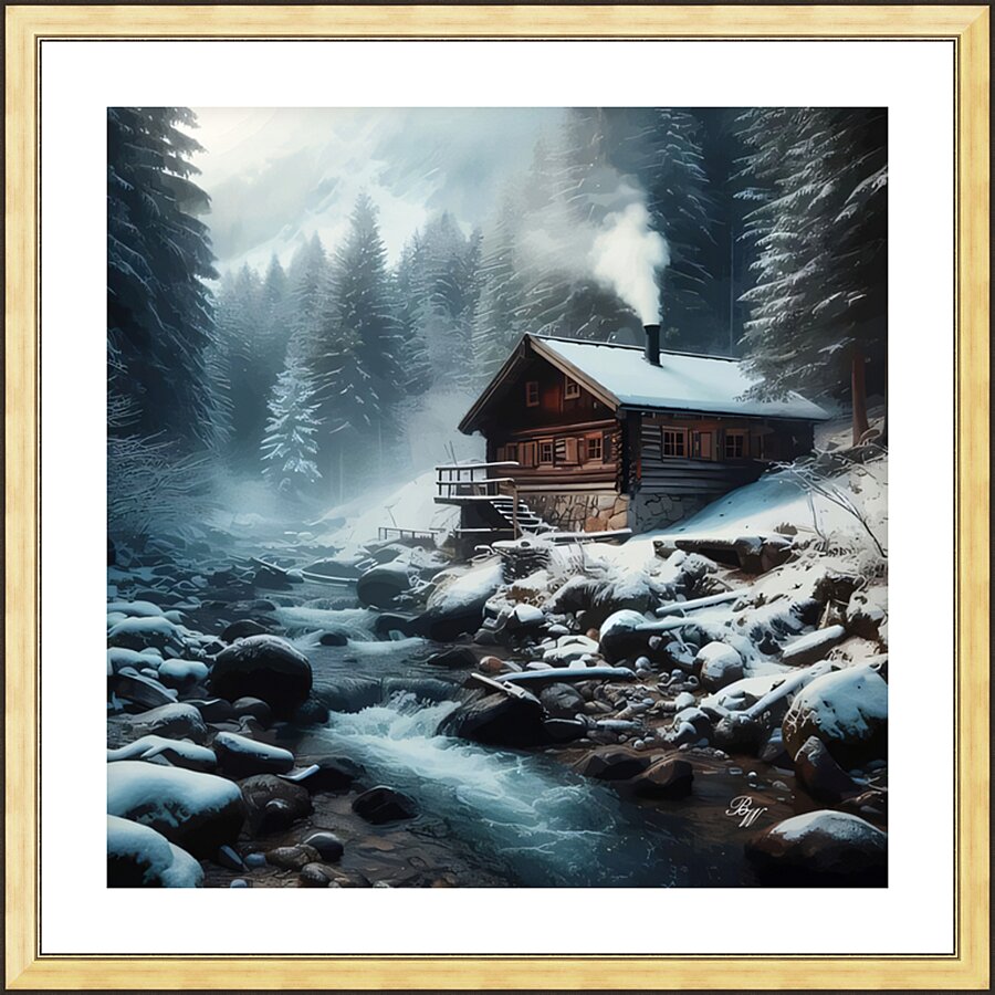 LOG CABIN BY A STREAM Picture Frame print