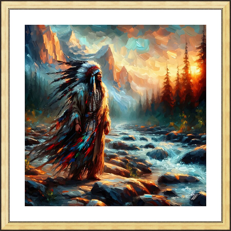 Native American Warrior by Stream Picture Frame print