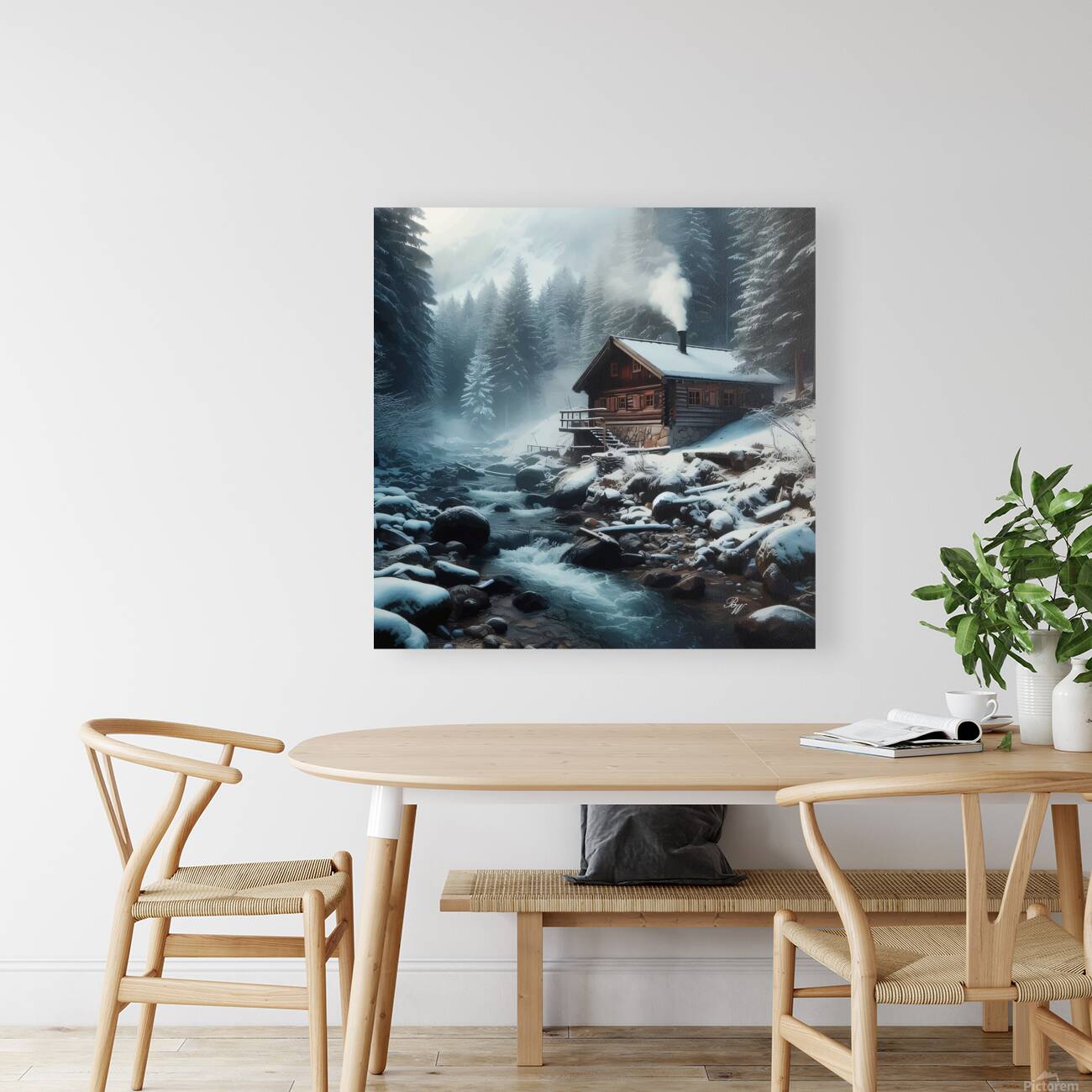 LOG CABIN BY A STREAM Reproduction