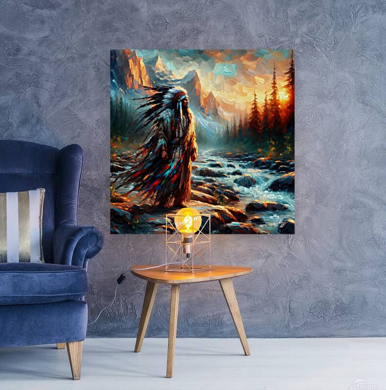 Native American Warrior by Stream Reproduction