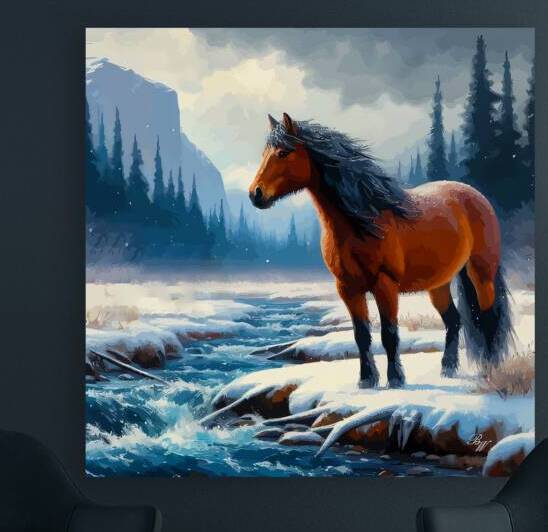 Beautiful Horse By Winter Stream by Billy Wayne