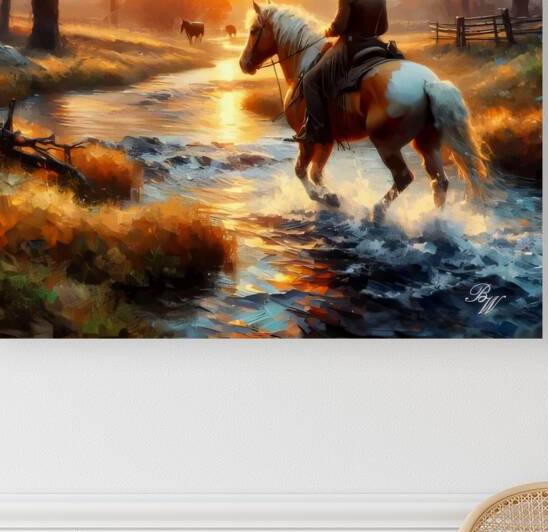 Cowboy Riding Across a Stream 7 by Billy Wayne