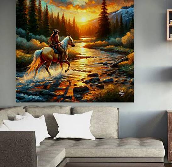 Cowboy Riding Across a Stream 8 by Billy Wayne