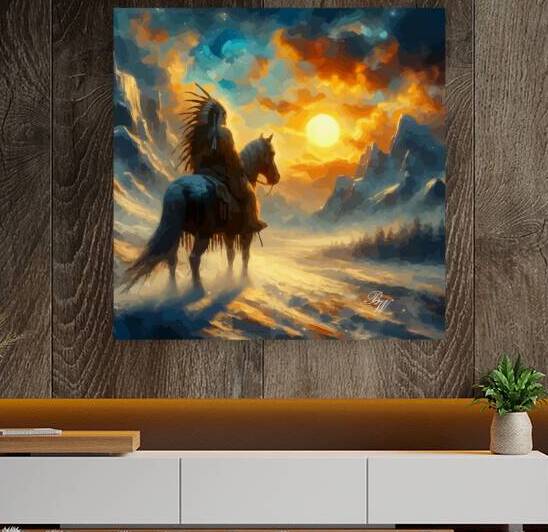 Native American Indian on horseback at sunset 4 by Billy Wayne