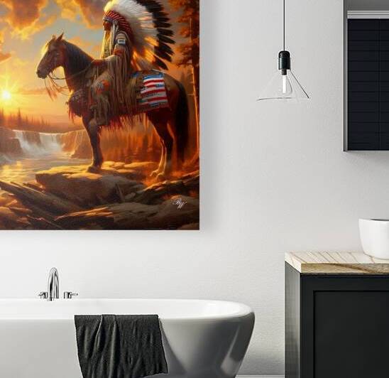 Native American Indian sitting on horse by a stream by Billy Wayne