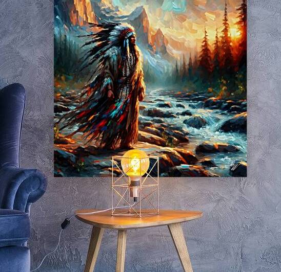 Native American Warrior by Stream Reproduction