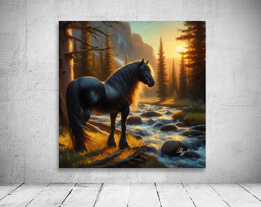 Stallion Streams Black Stallion by Stream at Sunrise by Billy Wayne Wall Art