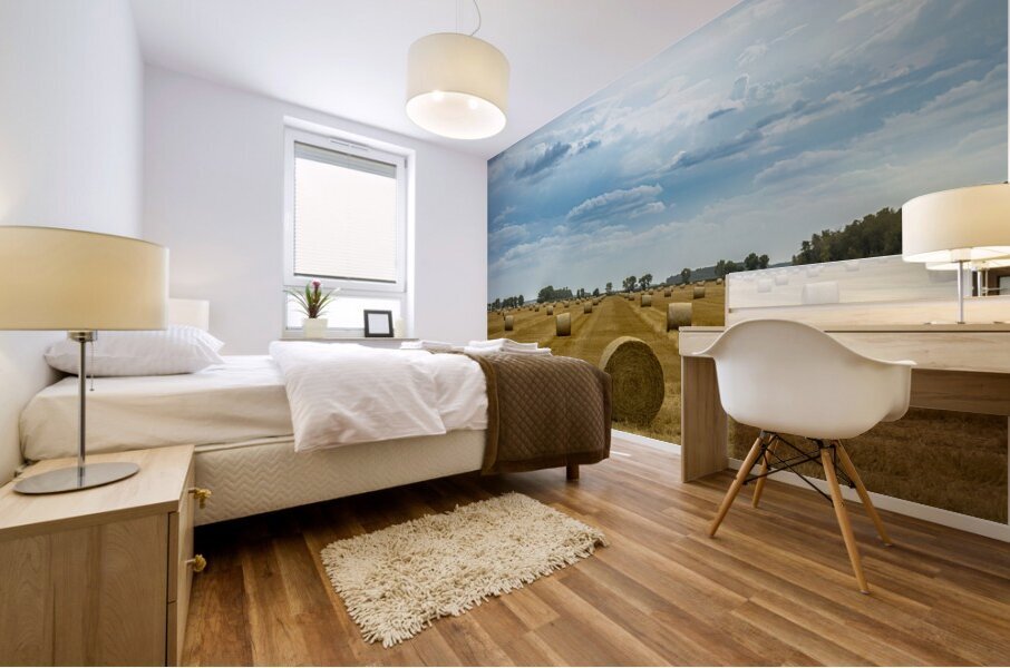 Hay Bales Under a Cloudy Sky Mural print