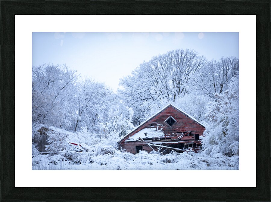 Red Barn Under First Snow Picture Frame print