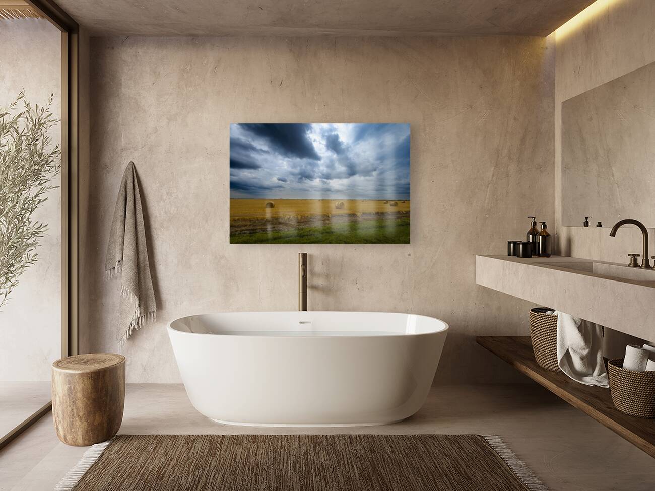 Hay Bales Under a Cloudy Sky Reproduction