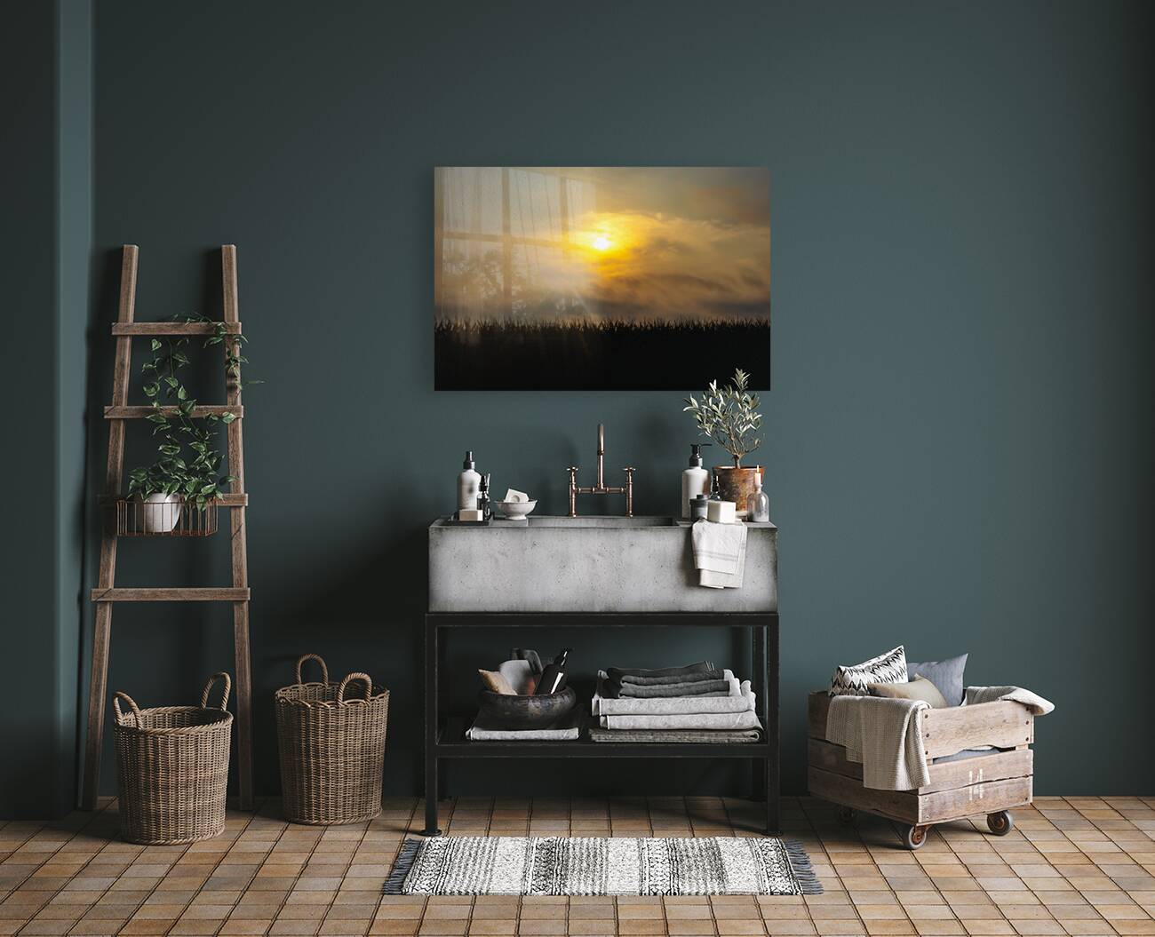 Hazy Sunrise Over Cornfield Reproduction