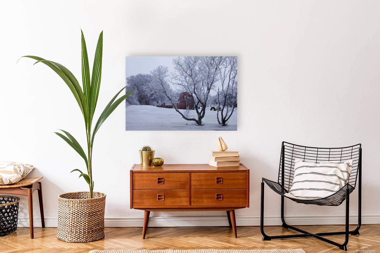Hoarfrost Morning Over a Red Barn Reproduction