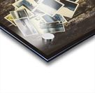 Heart-shaped instant photographs on wooden background Acrylic print