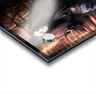 Female jester walking inside dark castle stairwell Acrylic print