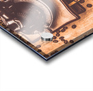 Vintage grinder with sacks of coffee beans Acrylic print