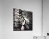 Pretty female spy hiding in shadows with weapon Acrylic Print