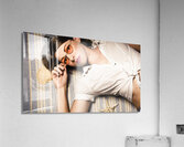 Eyewear fashion model. Pin up woman in sun shades Acrylic Print