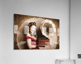 Vintage pin-up girl listening to record player Acrylic Print