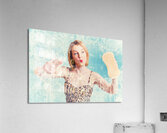 Funny pin up cleaning woman washing bathroom glass Acrylic Print
