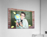 Nerd man holding earth world globe in classroom Acrylic Print