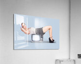 Retro housewife doing television aerobic exercise Acrylic Print