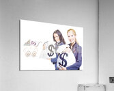 Pretty young business women holding sacks of money Acrylic Print