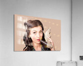 Pinup vintage woman chatting on shoe phone Acrylic Print