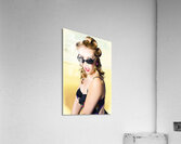 Surprised pinup girl on tropical beach background Acrylic Print
