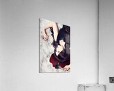 Dead woman holding black flower in blood puddle Acrylic Print