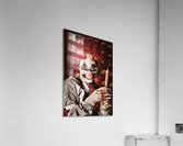 Crazy medical clown holding oversized syringe Acrylic Print