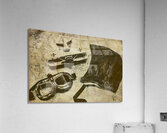 Goggles pouch and model biplane on map Acrylic Print
