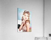 Gorgeous pin-up woman holding large cleaning peg Acrylic Print