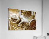 Roasted coffee beans in kettle and cup Acrylic Print