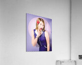 Surprised pin-up woman in purple polka dot dress Acrylic Print