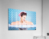 Happy 60s pinup housewife on blue ironing board Acrylic Print