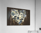 Heart-shaped instant photographs on wooden background Acrylic Print