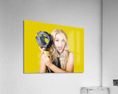 Woman in fear holding gas mask on white background Acrylic Print