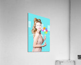 Blonde girl holding windmill fan. Natural energy Acrylic Print