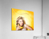 Gossiping retro pin up girl on fruit phone Acrylic Print