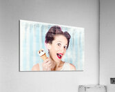 Cool pin-up woman in cold freezer with ice-cream Acrylic Print