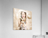 Pinup woman shooting rocks with toy slingshot Acrylic Print