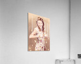 Pin-up cooking girl peeling potato. Quick recipe Acrylic Print