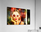 Young retro woman listening to earphones Acrylic Print