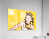 Pinup woman ordering organic fruit on banana phone Acrylic Print