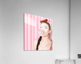 Cute candy store girl blowing chewing gum bubble Acrylic Print