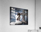 Grieving gothic girl crying next to gravestone Acrylic Print