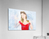 1960s house work pinup woman cleaning glass window Acrylic Print